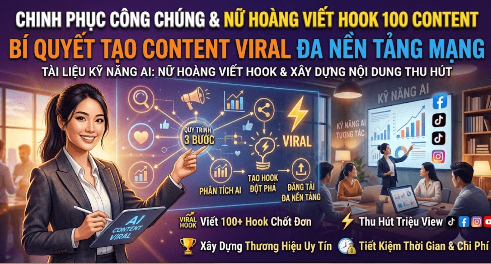 Combo SKILL Nữ hoàng Viết HOOK 100 content và Content viral đa nền tảng